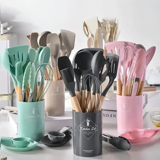 12pcs, Non-Stick Silicone Kitchen Utensil Set with Wooden Handles
