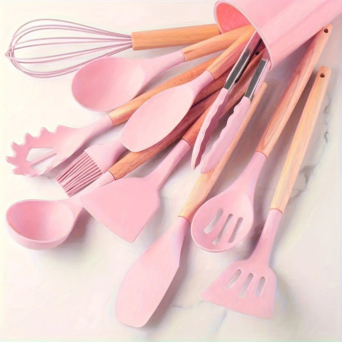 12pcs, Non-Stick Silicone Kitchen Utensil Set with Wooden Handles