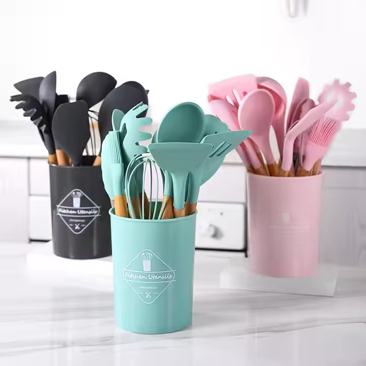 12pcs, Non-Stick Silicone Kitchen Utensil Set with Wooden Handles